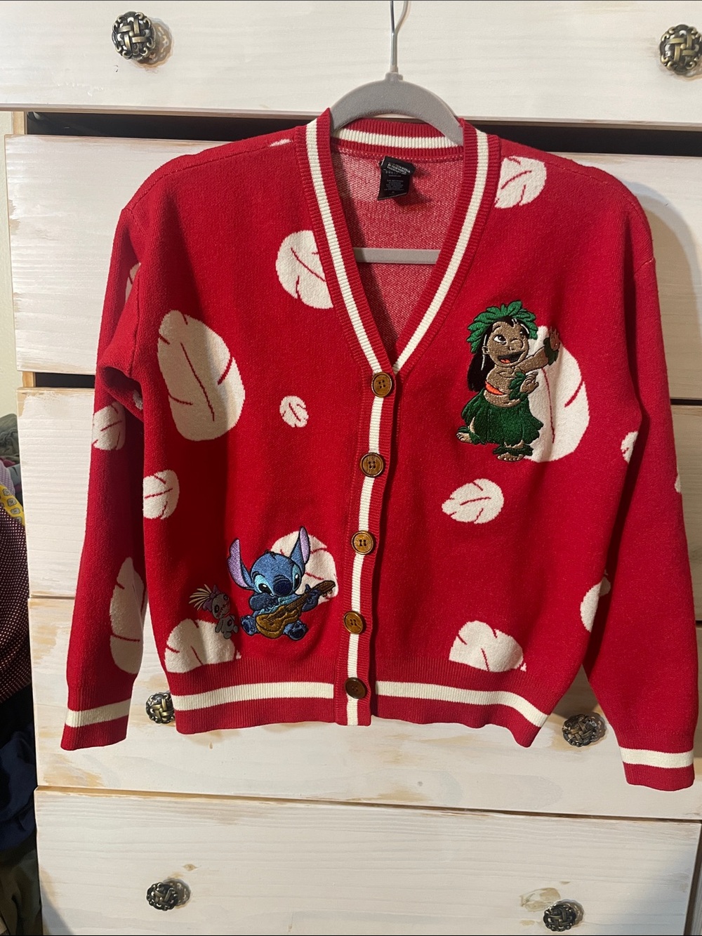 Disney Red Cardigan Sweater with Lilo & Stitch Embroidery